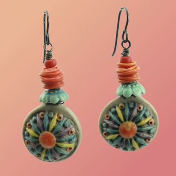 #1754, Earrings, Dangle Earrings, Handmade Earrings, Orange & Blue Ceramic & Glass Earrings