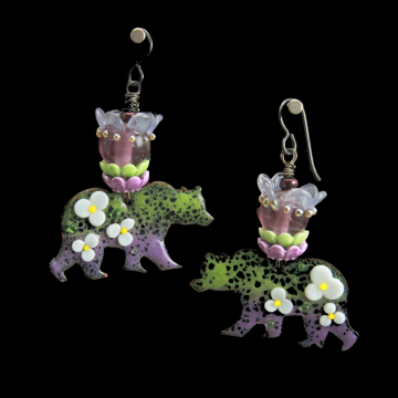Earrings, Dangle Earrings, Handmade, Bears Walking in the Park Gathering Flowers Earrings