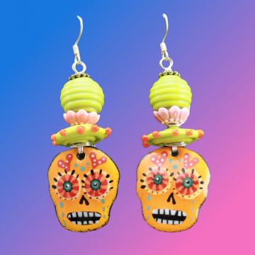 #1797, Orange & Green Sugar Skull Enameled Earrings