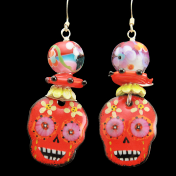 #1812, Earrings, Dangle Earrings, Handmade Earrings, Orange Sugar Skull Earrings