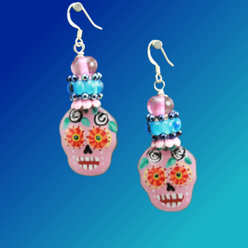 #1801, Earrings, Dangle Earrings, Handmade Earrings, Pink Sugar Skull Earrings, Fall Earrings, Halloween Earrings