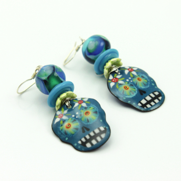 #1802, Earrings, Dangle Earrings, Handmade Earrings, Blue Aqua Sugar Skull Earrings, Fall Earrings, Halloween Earrings