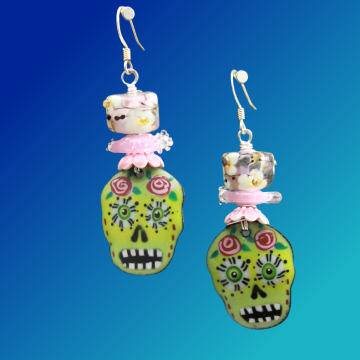 #1803, Earrings, Dangle Earrings, Handmade Earrings, Pink & Green Sugar Skull Earrings, Fall Earrings, Halloween Earrings